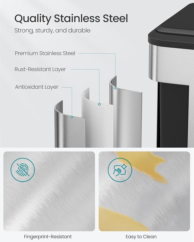 SONGMICS Trash Can, 2 x 8 Gallon (2 x 30 L) Double Garabge Can for Recycling and Waste, Stainless Steel, Soft-Close Lid, Inner Buckets, Wide Sturdy Pedal, Metallic Silver ULTB556E01