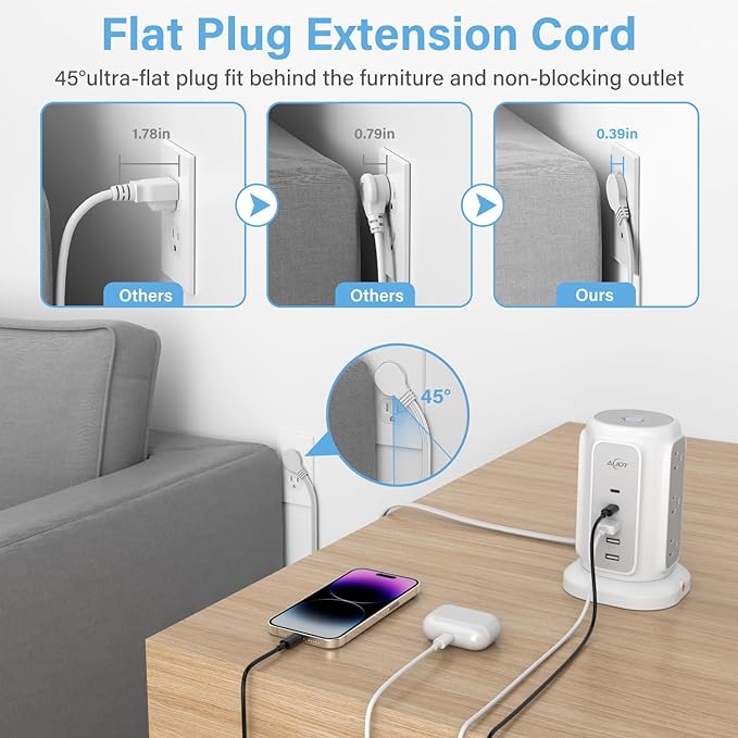 AiJoy Flat Plug Power Strip Tower with 9 Outlets and 5 USB Ports (2 USB-C), 1200J Surge Protection, 1625W Extension Cord with Multiple Outlets Charging Station for Home Dorm Office Supplies