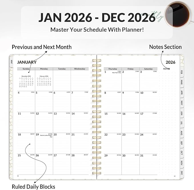 SUNEE Planner 2026 Weekly and Monthly, January 2026-December 2026, 6.4"x8.3", Tabs, Note Pages,Spiral Binding, Deep Green