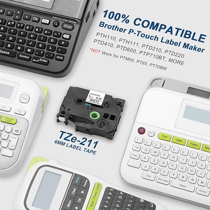 Label KINGDOM TZe-211 6mm Label Tape Replacement for Brother TZe211 TZ Tape 6mm 0.23 Laminated White 1/4 Inch Compatible with Brother P Touch Label Maker Tape PT-H110 PT-D210 PT-D220 PT-D400, 4-Pack