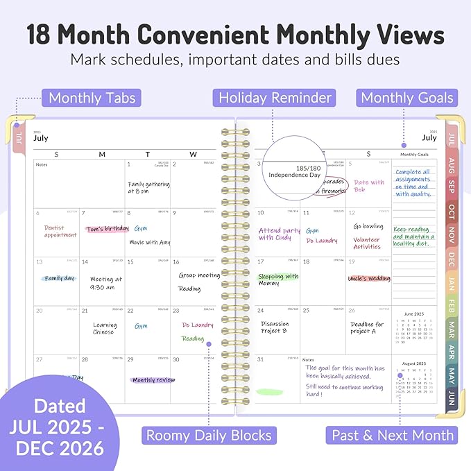 Jul 2025 - Dec 2026 Planner, Forvencer Academic Planner 2025-2026, 18 Month Daily Planner, 6" x 8", Weekly & Monthly Agenda Book, Hardcover Calendar Book, School Supplies for Student Teacher, Black