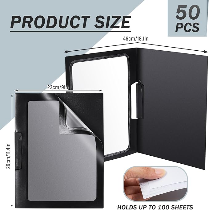 Yeaqee 50 Pcs Clear Report Covers with Clip Sliding Bar Locking Report Folder Cover Plastic Presentation Folders Binder Portfolio for Letter Size Document Paper Resume, Black 9 x 11.4 Inch