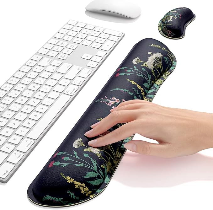 Dapesuom Enlarge Keyboard Wrist Rest, Memory Foam Wrist Cushion for Desk Mat Support, Cute Pain Relief Keyboard Mouse Pad Rests Set with Non-Slip Base for Gaming Laptop Office Computer, Elegant Flower