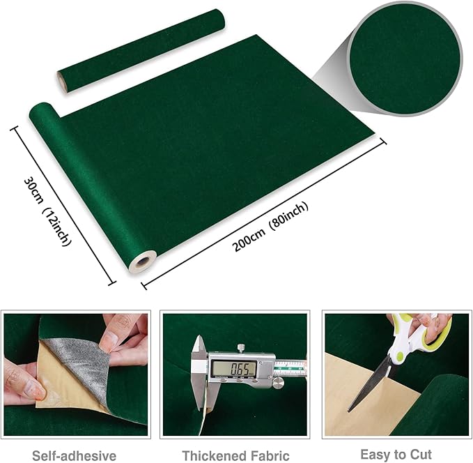 CRE8TIVE 12"x80" Colored Self Adhesive Velvet Flocking Liner for Jewelry Green Velvet Wallpaper Peel and Stick Fabric Felt Velvet Drawer Liner Sticker for Jewelry Box Lining Crafts DIY Showcase Decor