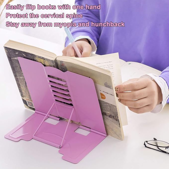 MSDADA Book Stand Metal Reading Rest Book Holder Adjustable Cookbook Documents Holder Bookstands for Textbooks Christmas Gifts for 6 7 8 9-16 Girls and Boys, Birthday Gifts for Girls Kids Mom (Pink)