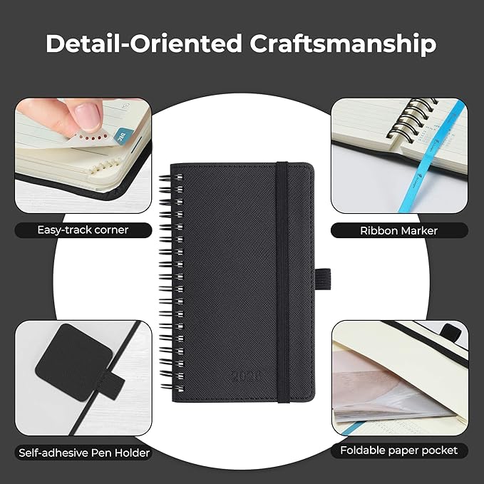 Planner 2026 Daily Weekly and Monthly,6.5"x3.75",12 Months Spiral Bound Calendar Agenda with Self-adhesive Pen Holder,2026 Appointment Book with Vegan Leather Soft Cover,Black