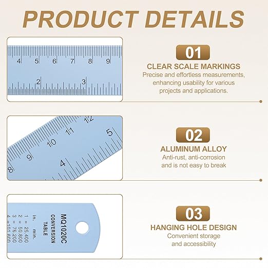 HARFINGTON 2pcs Metal Straight Ruler 15cm Metric SAE Aluminum Alloy Measuring Rulers Scale Tool with Hole for Measure Study Reading Classroom Office, Light Blue