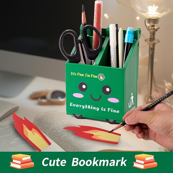 Dumpster Fire Desk Accessories, Dumpster Fire Pencil Holder Set with 100 Pcs Flame Note Cards, Cute Office Desk Decor Funny Gifts for Coworker Staff Team Teachers