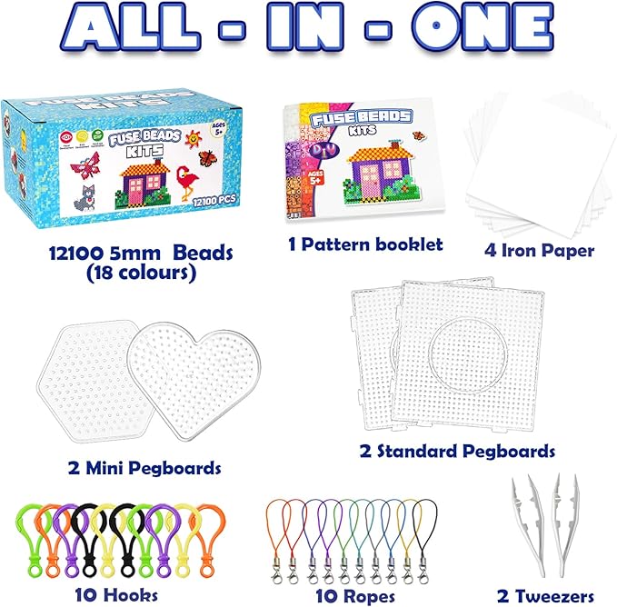 FUNZBO 12000 5mm Fuse Beads Kit - 18 Colors Individual Pack, Christmas Homeschool Arts and Crafts Supplies for Kids, Toys Set, Art Decorations for Room, Toys Gifts for Girls and Boys Age 5+
