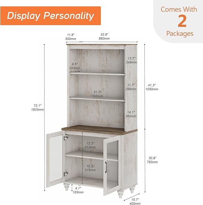 WAMPAT 5 Tier Bookshelf 72" Tall Bookcase with Glass Doors,Large Farmhouse Display Book Shelf with Adjustable Shelves and Storage Cabinet,Library Wood Bookshelves for Living Room,Kitchen, Rustic White