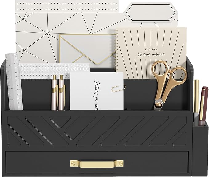 Bamboo Desk Organizer Mail Holder Countertop Wood Desk Drawer Tabletop Storage Box Pen Holder Letter Sorter Makeup Organizer for School Home Office Supplies with Pen Holder Black