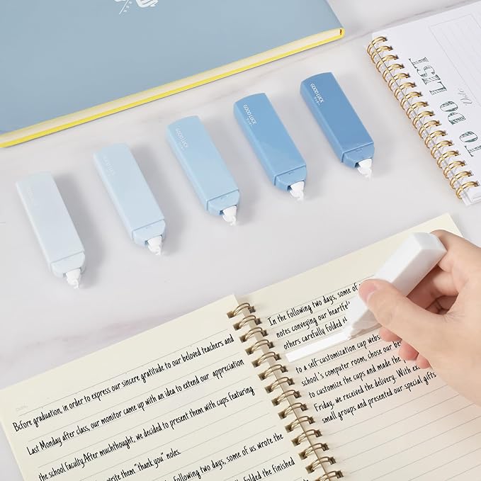 Temiary 6Pcs Mini White Correction Tapes, Quick Dry Smooth Pull Out for Writing, Aesthetic Cute Correction Tape Set Easy To Use for Students School Office Supplies (Blue)