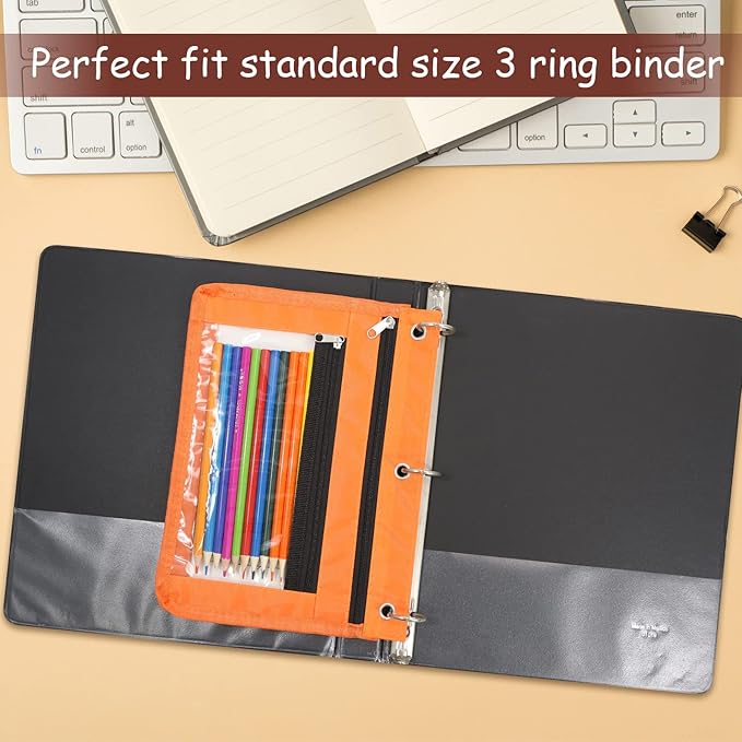 YoeeJob 1 Pack Pencil Pouch for 3 Ring Binder, Expandable Binder Pouches with Zipper, Large Capacity Pen Holder Case with Clear Window School Class Office Organizers, Orange