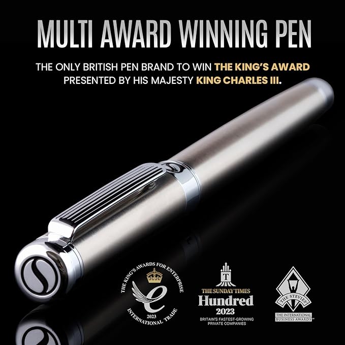 Scriveiner Stainless Steel Rollerball Pen - Stunning Luxury Metal Pen with Silver Chrome Finish, Schmidt Ink Refill, Best Roller Ball Pen Gift Set for Men & Women