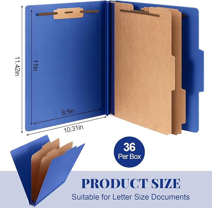 36 Pcs Classification Folders Letter Size, 2 Divider Pressboard File Folders with 3. 5 Inch Expansion, 2 Prongs Fastener, Heavy Duty Office File Organizers for Teachers, Medical (Dark Blue)