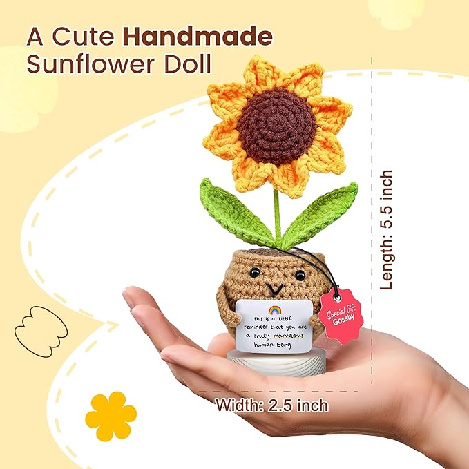Gossby Positive Sunflower Doll Crochet with Card - This is A Little Reminder - Appreciation Gift for Coworker, Best Friend, Teacher, Sister, Mom - Christmas, Birthday, Thank You Gift for Women, Men