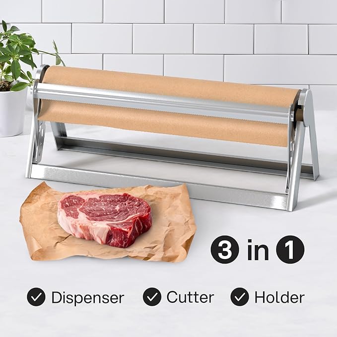 Kenley Butcher Paper Dispenser - Large Holder and Cutter for Wrapping Butcher Craft Freezer Paper Roll - Wall Mount or Tabletop - Carbon Steel Non-Slip Cutter with Serrated Blade (24-Inch)