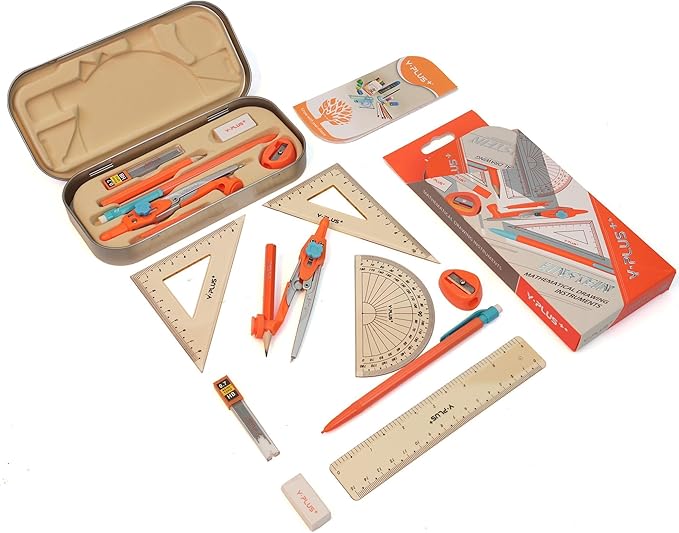 YPLUS Geometry Set for Students, Math Protractor Compass with Rulers Mechanical Pencil, Box of Protactors Kit for Class Supplies and School Kids Toddler - 12 Pcs, Back to School Supplies for Kids