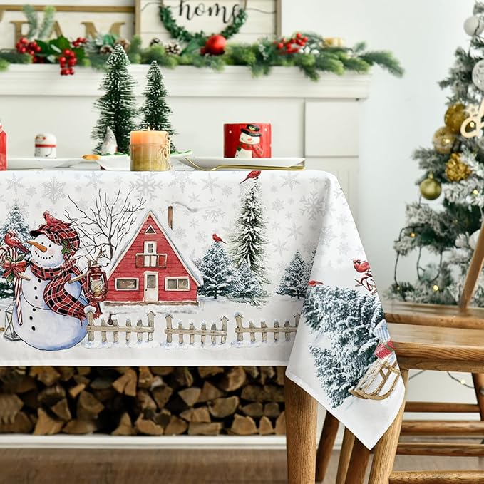 Horaldaily Christmas Tablecloth 60×84 Inch Rectangular, Winter Snowman House Christmas Trees White Washable Table Cover for Party Picnic Dinner Decor