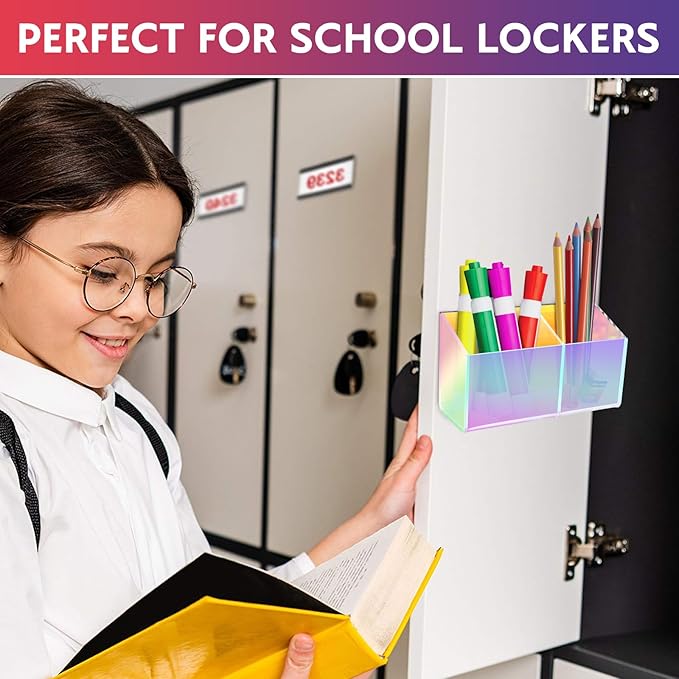 Magnetic Dry Erase Marker Holder for Whiteboard，Acrylic Magnetic Pen Holder for Fridge, 2 Compartments Whiteboard for Office, Home, Locker(Clear)-Colorful