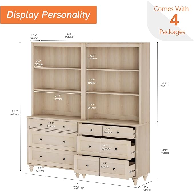 WAMPAT 3 Tier Bookshelf with 3 Drawers, 72" Tall Bookcase Large Farmhouse Display Book Case Shelf with 3-Tier Open Book Shelfs，Library Wood Bookshelves for Living Room,Kitchen, Light Oak(2PCS)