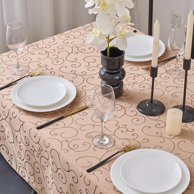 Romanvicky Christmas Jacquard Tablecloth Gold Floral Pattern Rectangle Table Cloth Spill Proof Wrinkle Resistant Polyester Table Cover for Party, Holiday, Thanksgiving Decoration, 52 x 70 Inch