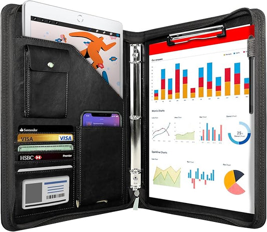 Zippered Portfolio Organizer, WRIYES Leather Padfolio with 3 Ring Binder, Professional Business Binder, Organizer for IPad/Document, Phone & Business Cards, Office Gifts for Men or Women (Black)