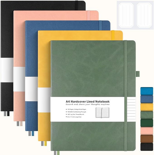 5 Pack College Ruled Notebook, A4 Hardcover Leather Notebook for Work, Lined Notebook Journal for Women, Men, 192 Thick Paper, 8.5" x 11", Large Notebook, Professional Business Notebook, Multicolor