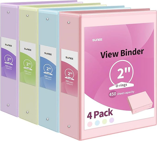 SUNEE 3 Ring Binders 2 Inch 4 Pack, Clear View Binder Three Ring PVC-Free (Fit 8.5x11 Inches) for School or Office Supplies, Assorted Pastel