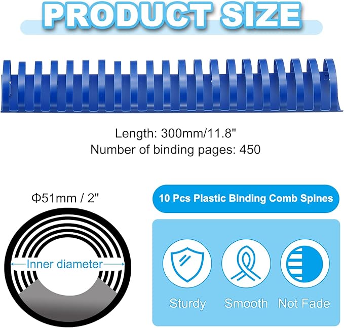 PATIKIL 51mm (2") Plastic Binding Combs, 10 Pcs 21 Rings Comb Binding Spines 450 Sheet Capacity Letter Size for Binding Paper Sheets Notebook Calendar Picture Album, Blue