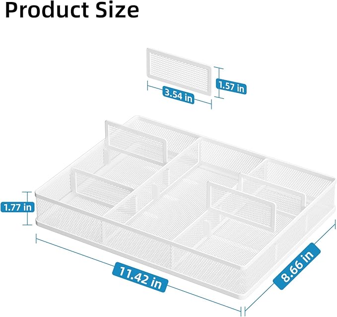 Marbrasse 2P Desk Drawer Organizer, Metal Mesh Drawer Organizer Tray with 5 Adjustable Compartments,Desk Organizers and Accessories for Home,Office,Kitchen,Makeup,Vanity (White)