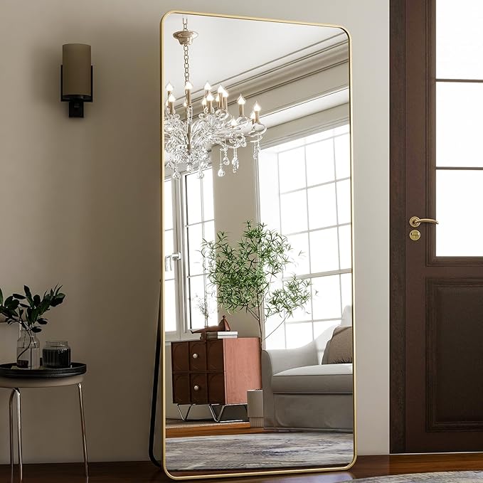 HARRITPURE 71x32 inch Rounded Full Length Mirror Aluminum Frame Gold Mirror Full Length Floor Mirror with Stand for Living Room Bedroom Cloakroom