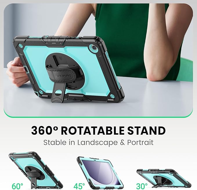 SEYMAC Case for Samsung Galaxy Tab A9+/ A9 Plus 11" (SM-X210/X216/X218), Heavy Duty Shockproof Protective Case with Screen Protector, Rotating Stand and Hand/Shoulder Strap, Light Blue