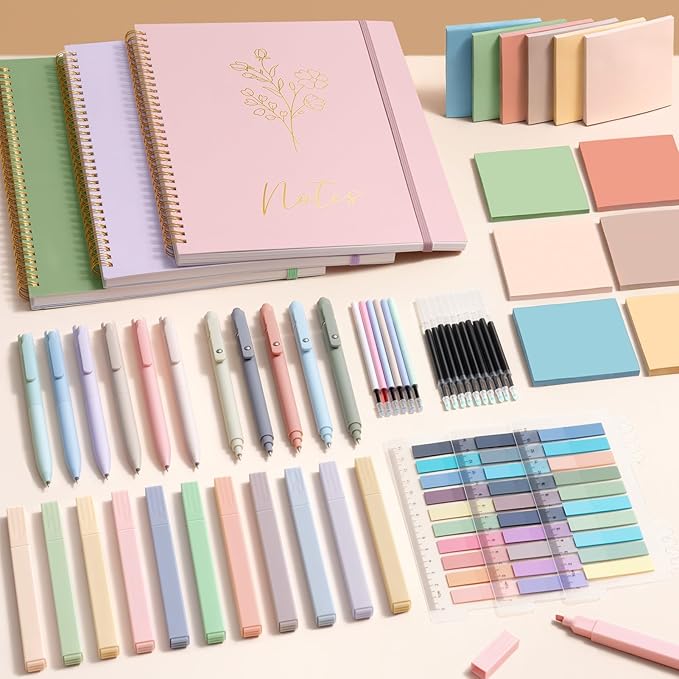 58PCS Aesthetic School Supplies, Cute College Ruled A4 Spiral Notebook Stationary Set Back to School Supplies Bible Study Kit Office College Essentials with Pastel Highlighters for Women Student Girls