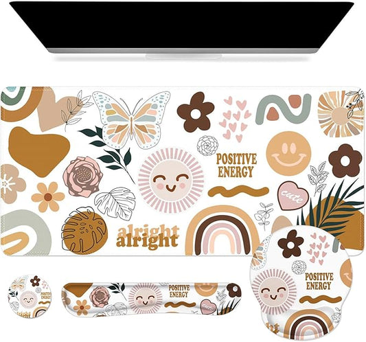 iCasso Desk Mat, Gaming Mouse Pad Wrist Support Set,4in1 XXL Large Mousepad + Keyboard Wrist Rest+Mouse Wrist Rest+Coaster Set with Ergonomic Design for Home Office Table Computer-Sticker