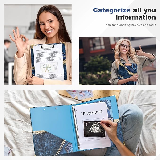 Ospelelf 3 Ring Binder, 1 Inch, Cute Letter Size (11" x 8.5") with 5 Tab Dividers, File Folder Labels and Low Profile Clipboards, Blue Marble