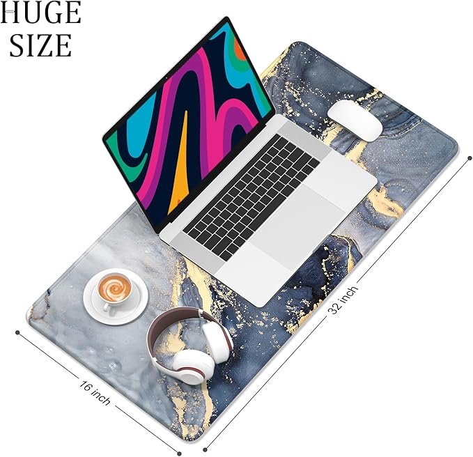 Desk Mat, 32" x 16" XXL Extended Large Gaming Mouse Pad, Desktop Decor Desk Pad, Cute Men Women Office Supplies and Accessories, XL Mouse Mat for Laptop & Keyboard, Blue Gray Gold Marble