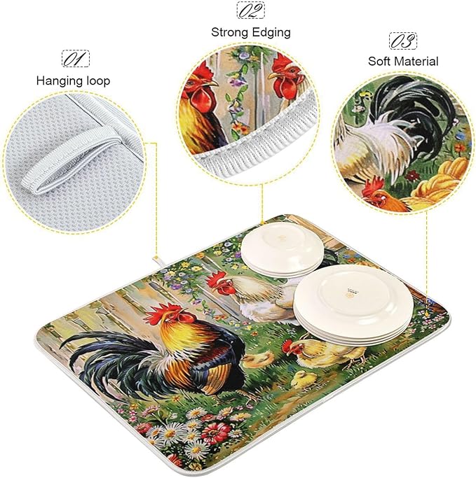 Rooster Flowers Dish Drying Mat 16 X 18 Inch Farm Cock Chick Floral Kitchen Rack Mats Dry Dishes Pads Tableware Mat Absorbent Microfiber Protector for Kitchen Countertops Counter Home Decor