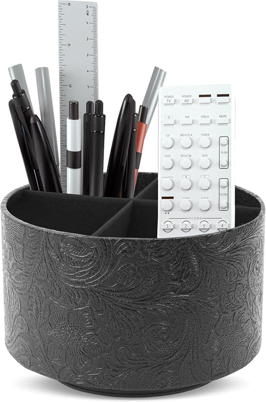 lizimandu Round Leather Art Supply Organizer,Remote Control Holder,360 Degree Spinning,Multi-Functional Pencil Holder,4 Compartments Desktop Stationary Organizer(1-Black2)