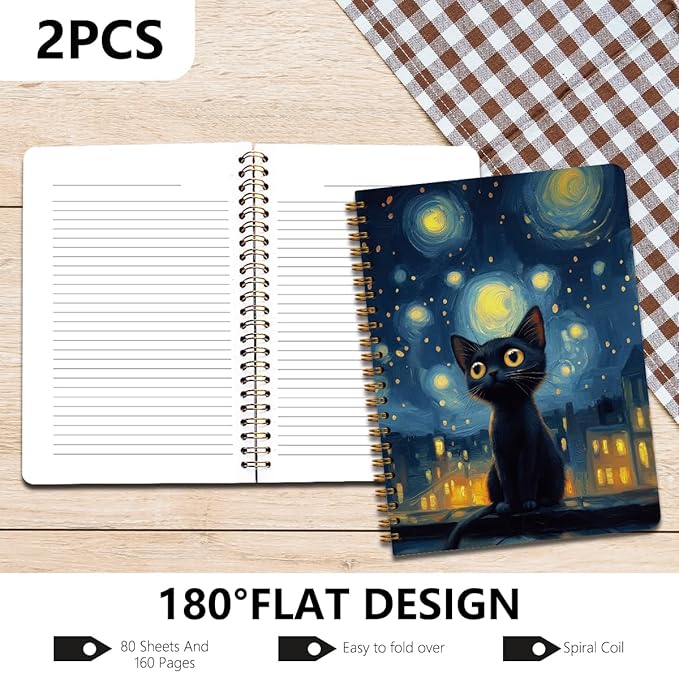 2Pcs Spiral Notebook, Sky Cat College Ruled Spiral Notebook, 160 Pages Hardcover Notebooks Journals for Writing Travel Business Office, Christian Aesthetic Notebooks for Women