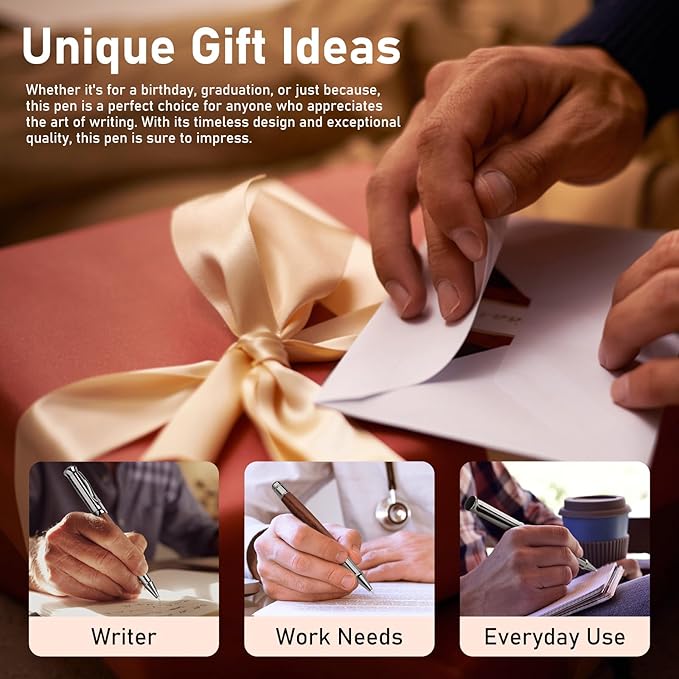 WEMATE Wood Rollerball Pen Set, Extra 2 Ink Refills(1 Black & 1 Blue), Fancy Writing Pen Nice Luxury Office Gift for Men, Professional and Executive, Cool Wooden Pen for Journaling - Bubinga