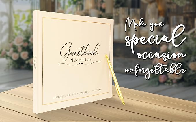 Elegant Wedding Guest Book – 100 Plain Sheets, Pen Included – Guest Book for Wedding Reception, Parties, Birthdays – Capture Special Memories – 240x210mm Keepsake Album