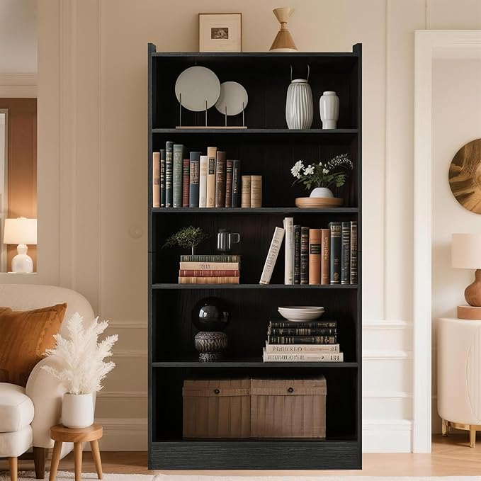 72" Rectangle Wooden Bookshelf with 6 Tier Bookshelf, Large Bookcase for Home Offices and Living Rooms with Storage Shelves, Display Shelves, Black