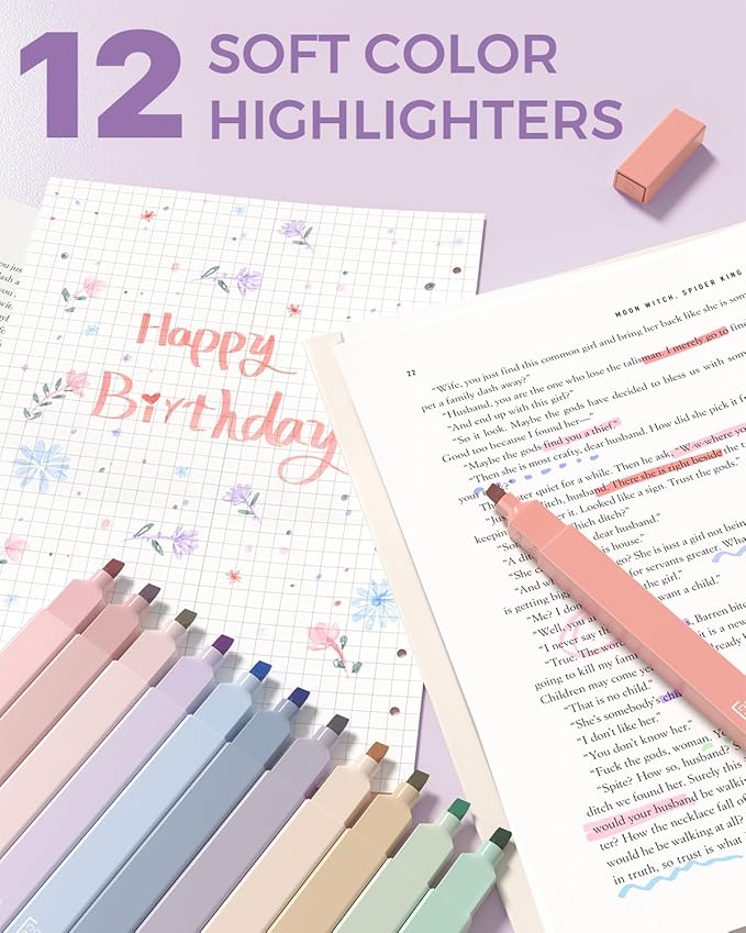 Four Candies 56 PCS Aesthetic School Supplies with Pencil Case, 6 Multicolor Pen, 12 Pastel Highlighters, 5 Gel Pens Black Ink, 9 Mechanical Pencils for Student Stationary Set Preppy Stuff (Purple)