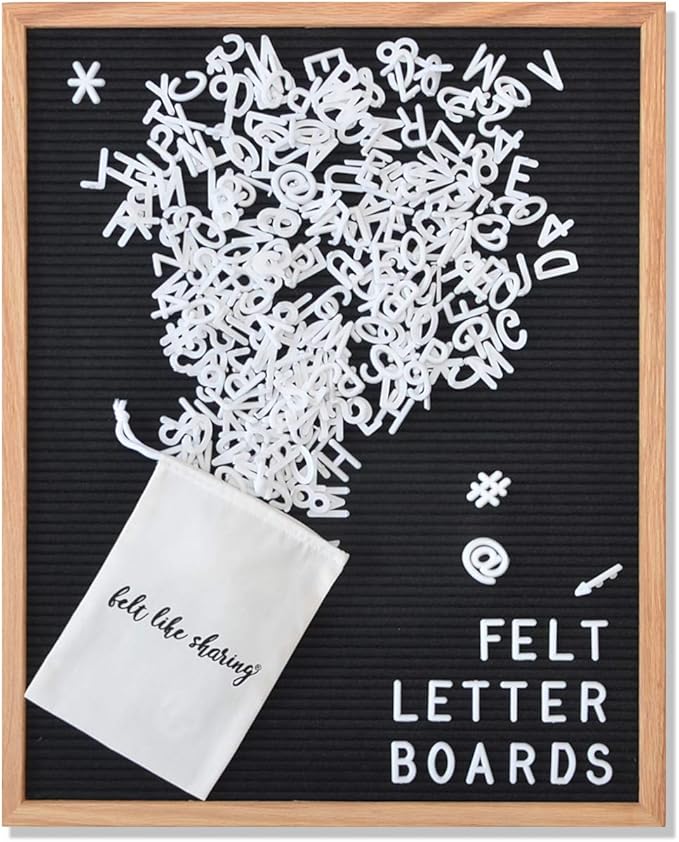Felt Like Sharing Black Felt Letter Board 16x20 – Changeable Message Board with 348 White Letters, Warm Oak Frame, Wall Hanger & Pouch – Large Felt Board Sign for Quotes, Home or Holiday Decor