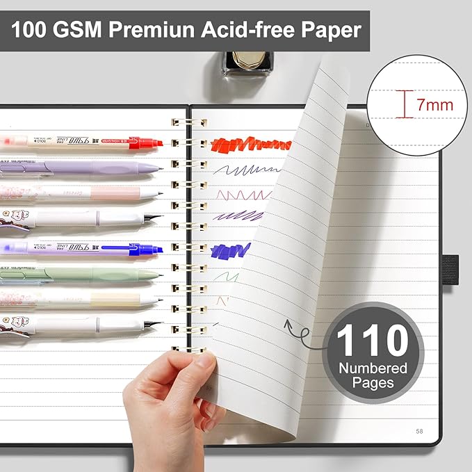 EMSHOI Spiral Notebook A4, 8.5"x11" Hardcover Leather Lined Journal with 110 Pages, 100GSM Thick Paper, Contents & Page Numbers, Flower Design - for Work, School, Journaling, Writing-Black