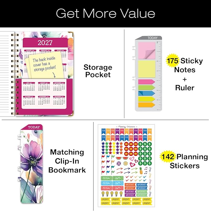 HARDCOVER 2026 Planner, 7"x9": 14 Months (November 2025 - December 2026), Daily Weekly Monthly Planner, Yearly Agenda, Bookmark, Pocket Folder and Sticky Note Set (Rainbow Floral)