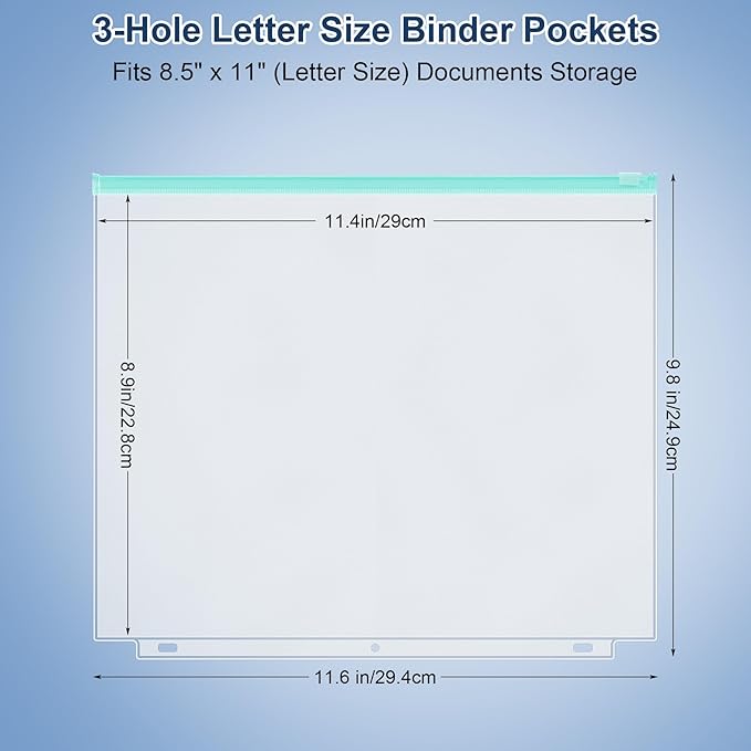 Antner 30PCS Letter Size Binder Pockets for 3 Ring Binder, 10 Assorted Colors Zipper Pouches Waterproof PVC Document Organizer File Folders 3-Hole Loose Leaf Insert Bags Page Sleeves Sheet Protectors