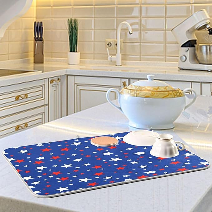 USA Patriotic Stars Memorial Dish Drying Mat 16 X 18 Inch Red Blue White Independence Day Dry Dishes Pads Tableware Mats Protector for Kitchen Countertops Counter Home Decorations