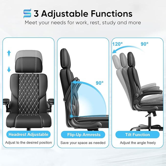 Sytas Executive Leather Office Chair, Comfy Desk Chair with Adjustable Headrest & Flip-up Padded Arms & Lumbar Support, Adjustable Hight and Tilt, Rolling Swivel Chair, Black